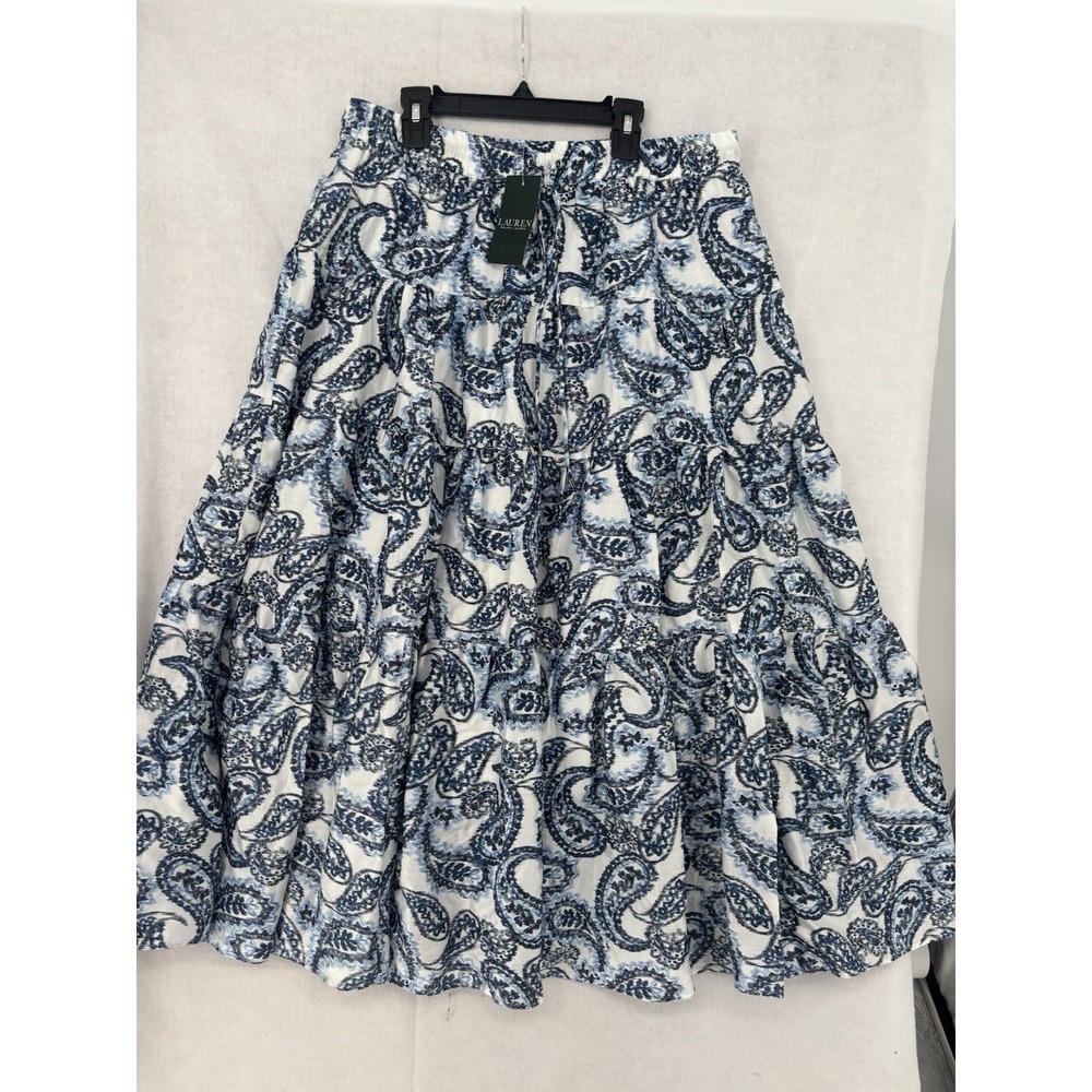 Lauren Ralph Lauren Tiered Maxi Skirt Sz Large White Blue Elastic Waist Tie NWT